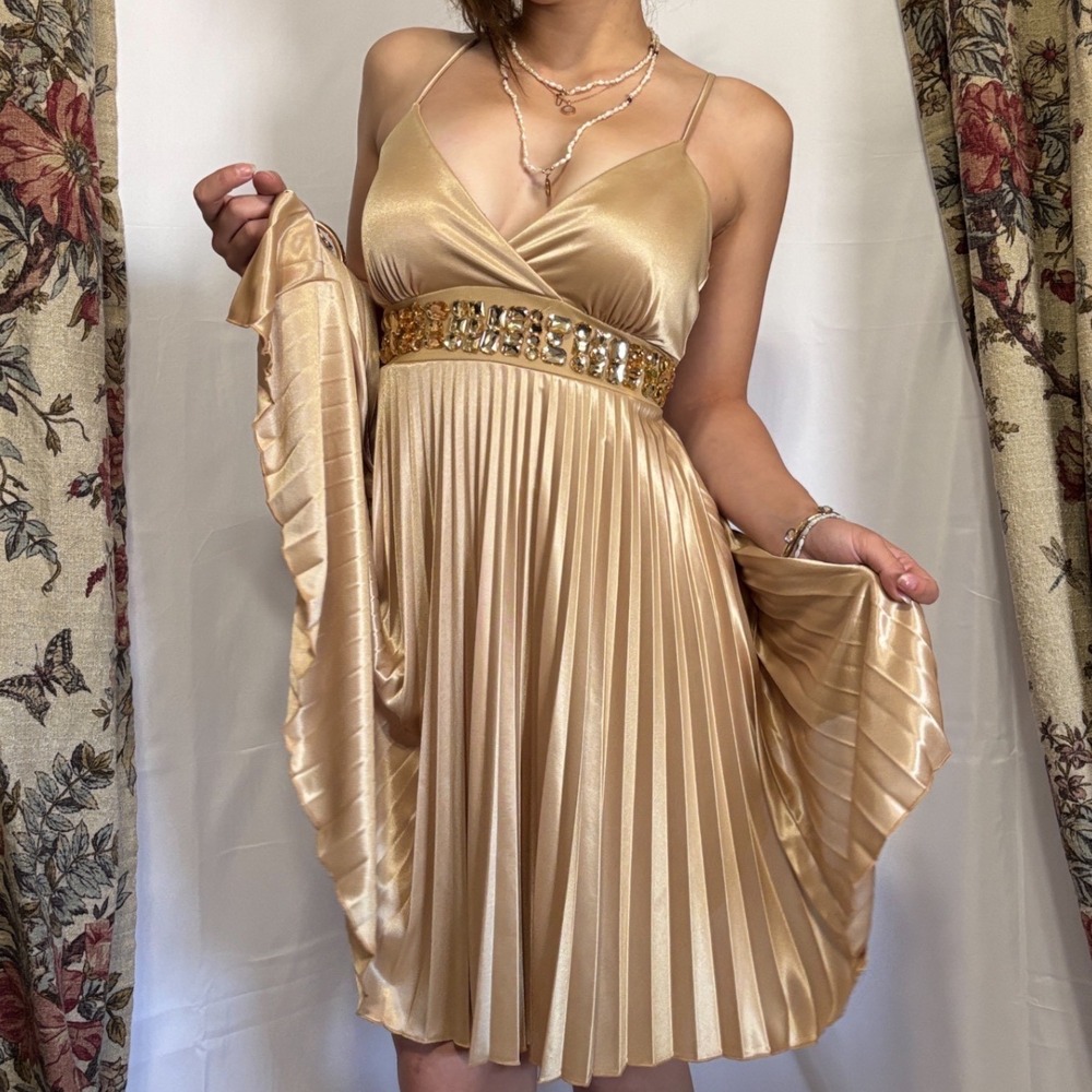 TABOO gorgeous shimmering gold tie back pleated dress with rhinestone beading